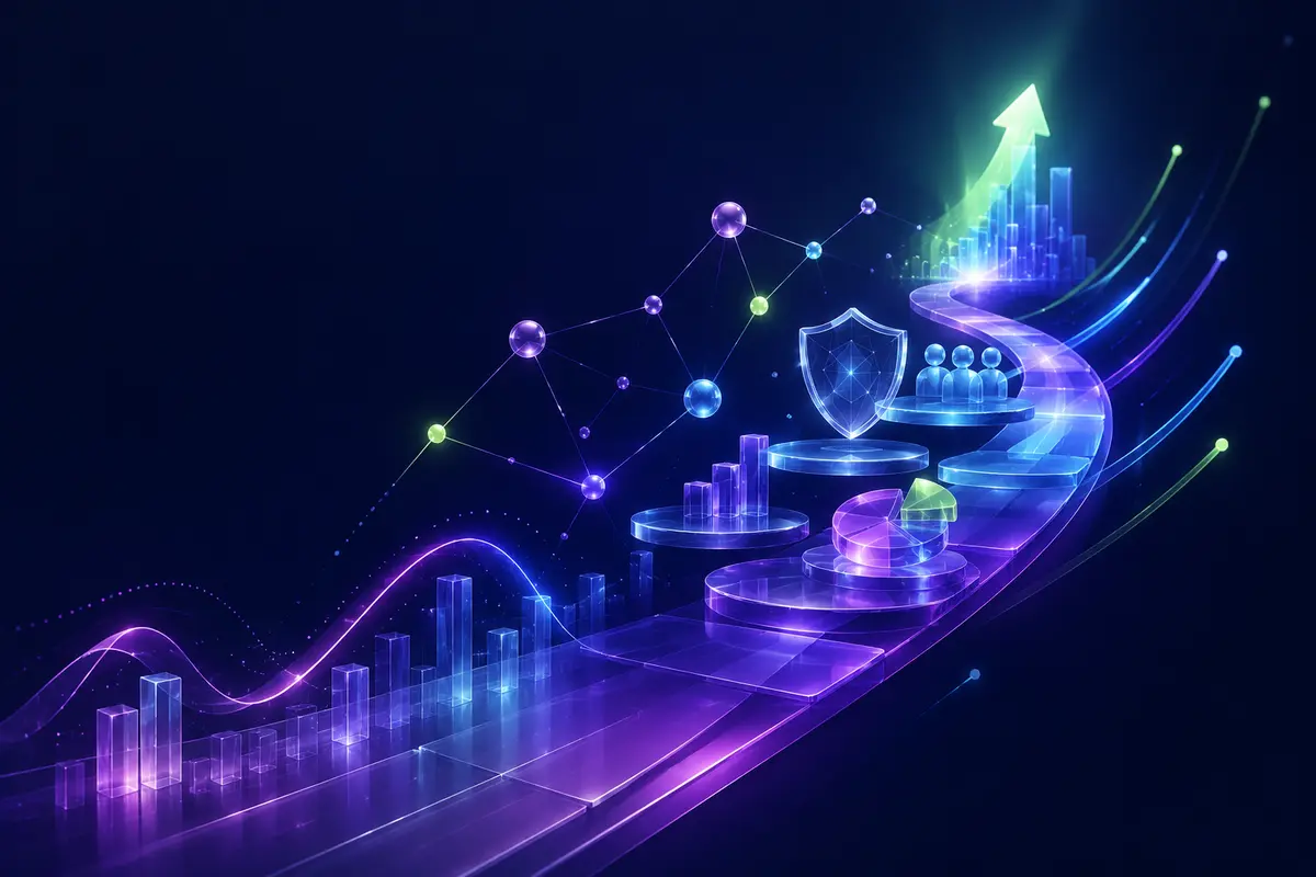 Strategic growth path with analytics and compliance symbols